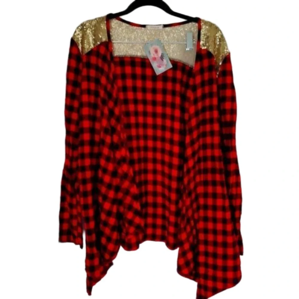 🇺🇸NEW Gorgeous Red/Black Buffalo Plaid Carnigan with Gold Sequins Size Small